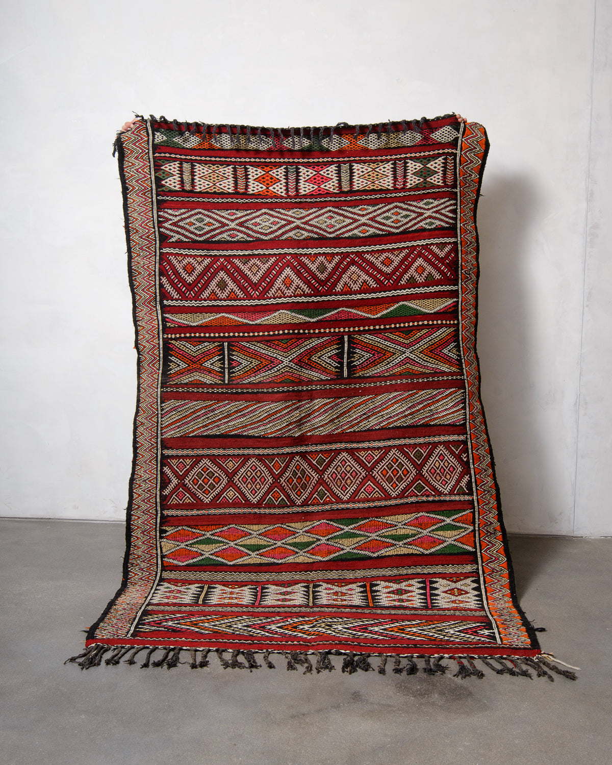 Modern, designer, handcrafted Berber rug from Morocco. Vintage Kelim carpet with beautiful designs and robust flat weave out of wool.